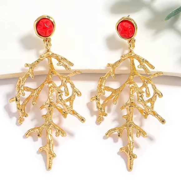 Zara Coral Tree Drop Dangle Earrings - Picture 1 of 6